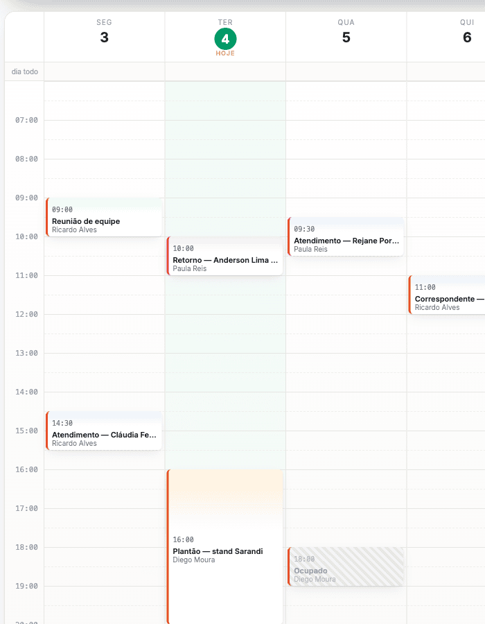 Tela da Agenda semanal: grade de segunda a quinta das 07h às 19h, com atendimentos, plantões, retornos e um compromisso de outra pessoa aparecendo apenas como Ocupado.